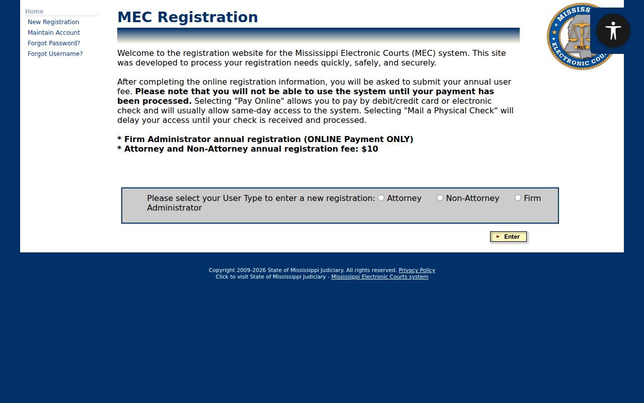 Leflore County case lookup source image of the PAMEC public access registration page