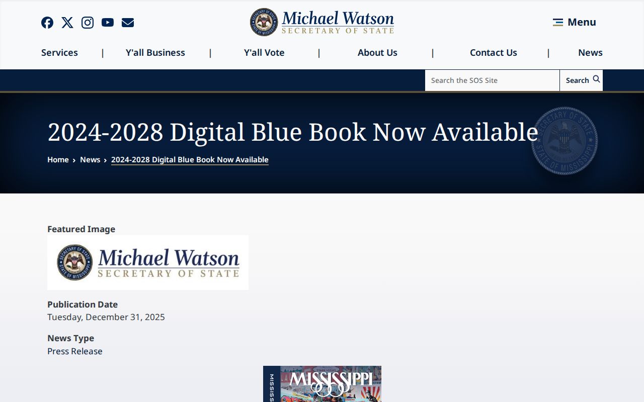 Sidon court docket reference to the official Mississippi Blue Book directory announcement